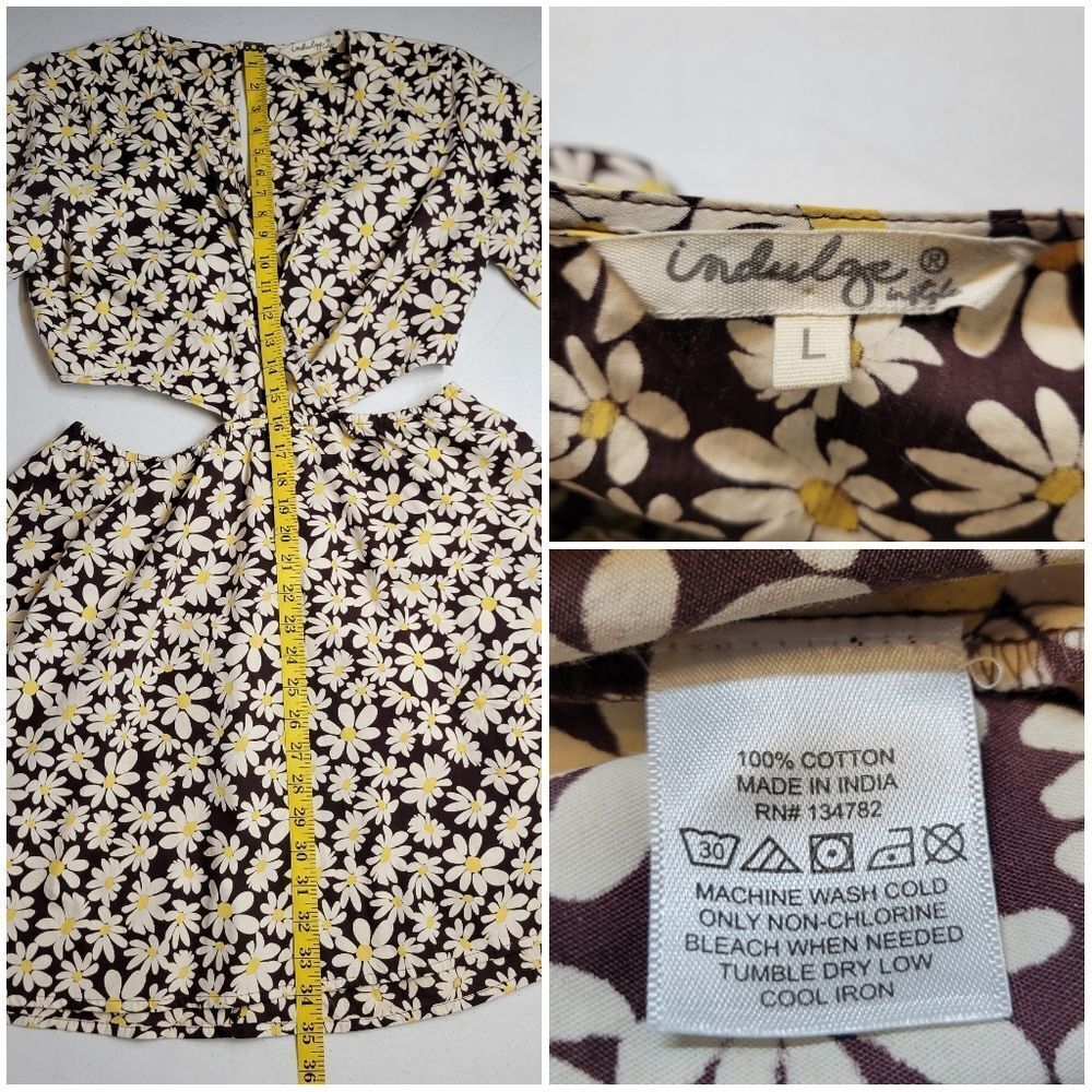 Indulge Cotton Daisy Print Mini Dress in Brown and White Cut Out Sides and Back - Picture 9 of 11